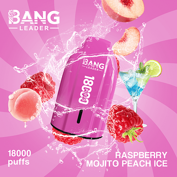 Pink Bang Leader disposable vape device surrounded by splashing water with raspberries, peaches, and a lime wedge in a cocktail glass, advertising the Raspberry Mojito Peach Ice flavor and 18,000 puffs.