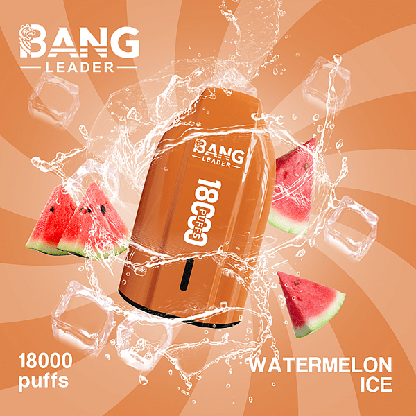 An orange Bang Leader disposable vape device with 18000 puffs and Watermelon Ice flavor, surrounded by watermelon slices and ice cubes against an orange swirl background.