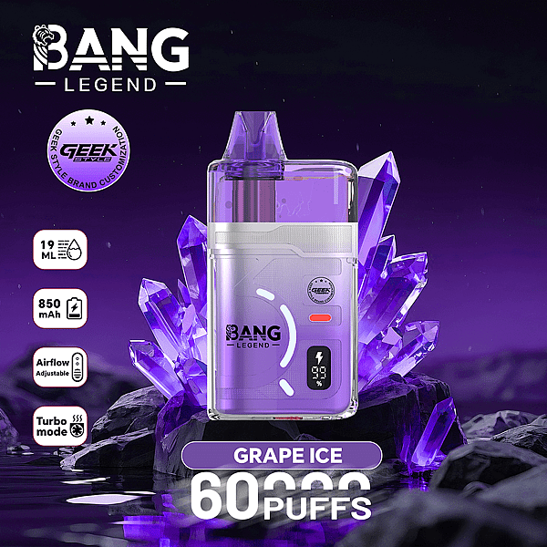 Purple Bang Legend wegwerpvape met een helder paarse tank, weergegeven op een bed van paarse kristallen, met het opschrift GRAPE ICE en 60 PUFFS, met pictogrammen aan de linkerkant die de capaciteit en instelbare luchtstroom weergeven.