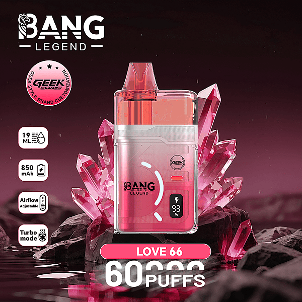 Een roze Bang Legend vape-apparaat met een doorschijnend roze mondstuk en een roze getinte behuizing bevindt zich tussen grote roze kristallen op een donkerpaarse achtergrond; .