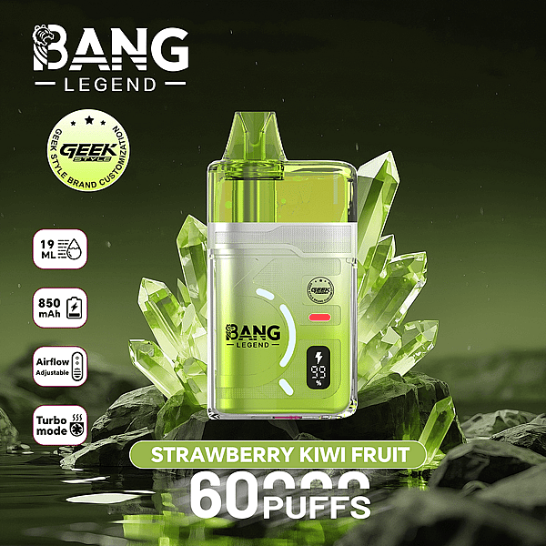 Un vaporizzatore Bang Legend usa e getta verde lime con un corpo trasparente, caratterizzato dal sapore di fragola e kiwi e un'etichetta prominente '60 PUFFS', su uno sfondo di cristallo verde con icone per 19 ml, 850 mAh, flusso d'aria regolabile e modalità turbo.