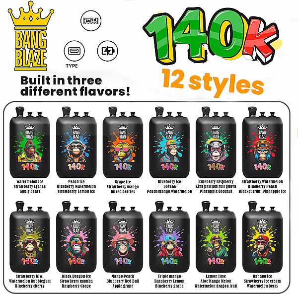 Bang Blaze energy drink bottles in two rows, 12 styles with colorful labels and fruit flavors.