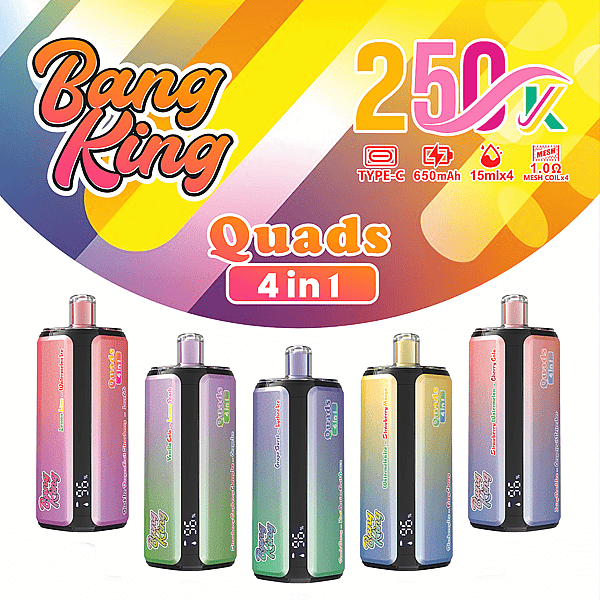 Vibrant Bang King banner advertising Quads 4in1, showing five rainbow-gradient vape devices arranged in a row.