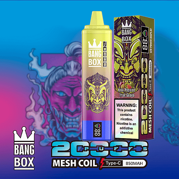 Bang Box Vape-Verpackung mit einer gelben Flasche und einer Box mit gekröntem Dämonengesicht, mit Mesh-Spule und Typ-C 850 mAh.