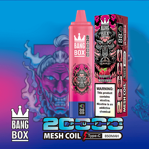 Bang Box vape-display met een roze fles en een doos met gorilla-thema, het smaaklabel Raspberry Watermelon en een blauwe achtergrond.