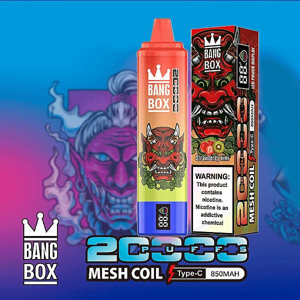 Bang Box Vape-Verpackung: rote E-Liquid-Flasche, Box mit Dämonengesicht, Erdbeer-Kiwi, Warnschild, 850-mAh-Typ-C-Mesh-Spule.