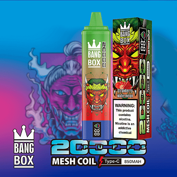 Bang Box Vape-Verpackung auf blauem Hintergrund mit grüner Flasche und rotem Dämonen-Motiv, Erdbeer-Wassermelonen-Geschmack