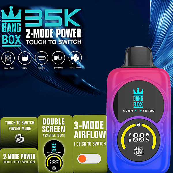 Pink-lila Bang-Box-Vaporizer mit schwarzem Display und Kronenlogo, 35K-2-Modus-Leistung und Touch-to-Switch-Funktion.
