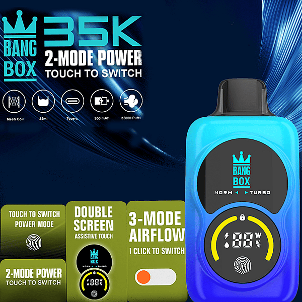 Blue Bang Box Vape-Gerät mit schwarzem Mundstück, kreisförmigem Display mit gelbem Ring und Logo auf dunkelblauem Hintergrund.