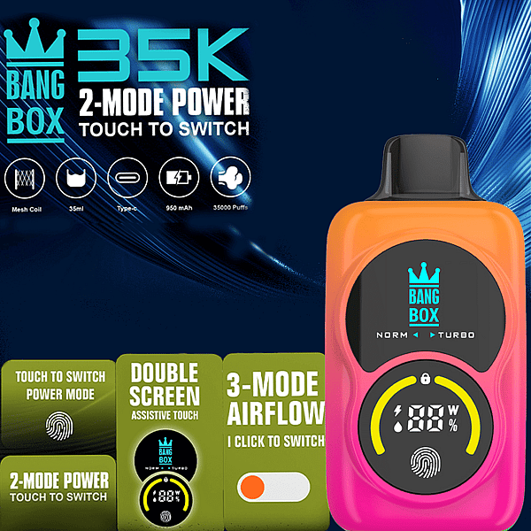 Pink Bang Box Vape Mod mit Kronenlogo und rundem Display; Werbetafeln heben die 2-Modus-Leistung und den 3-Modus-Luftstrom hervor.