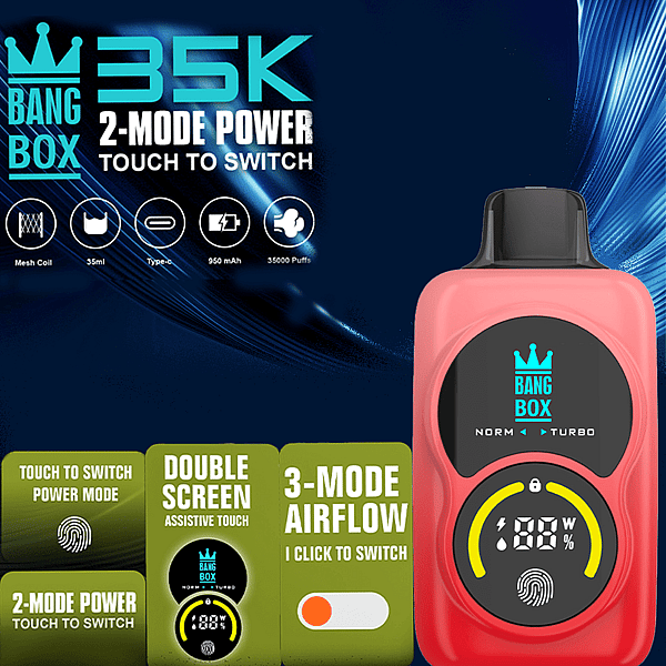 Werbebanner für Bang Box 35K Two-Mode Power Vape; rosafarbener Handheld-Mod mit kreisförmigem Display.