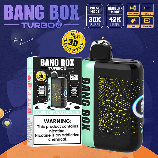 Bang Box Turbo vape-kit in zwart en blauwgroen met bosbessen-watermeloensmaak, afgebeeld naast de doos en een nicotinewaarschuwing.
