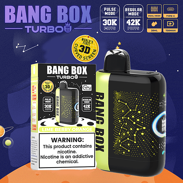 Bang Box Turbo-vape met limoenbessen-sinaasappelsmaak; zwart-groen apparaat en verpakking tonen 30K-puls- en 42K-bladerdeegmodi.