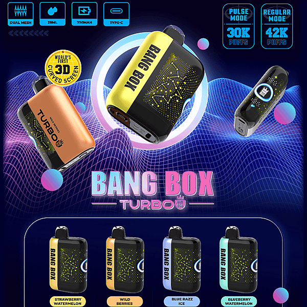Neon Bang Box Turbo wegwerp-vape-advertentie met gebogen 3D-scherm, met kleurrijke apparaten en smaken zoals Strawberry Watermelon.