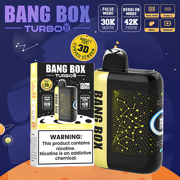 Bang Box Turbo 使い捨て電子タバコは、黒と黄色のボディと 3D 曲面スクリーンを備えており、メキシコ マンゴー フレーバー ボックスとともに示されています。.