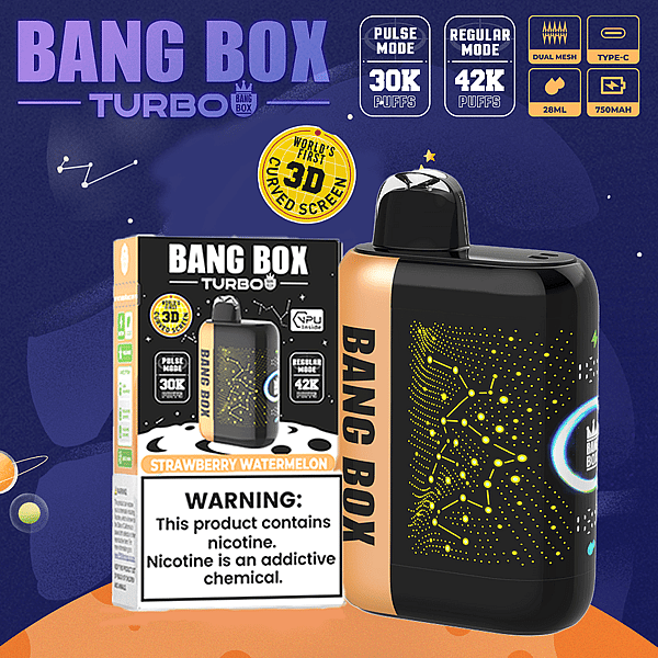 Jednorazowy waporyzator Bang Box Turbo o smaku truskawkowo-arbuzowym, pokazany z pudełkiem; Zaciągnięcia 30K/42K, podwójna siatka, USB-C, 28ml.