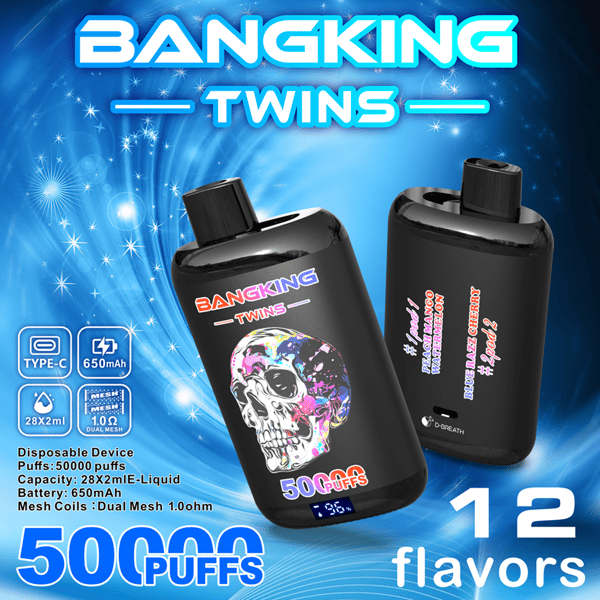 king of kings vape flavors Bang Twins 50K Disposable – Dual Flavor System | 50,000 Puffs | Skull design | Rock and roll | Dark black gothic style Flavors:Blueberry ice + Strawberry mango + Black Ice Dragon Fruit Champagne Kush • T-pro Glass
