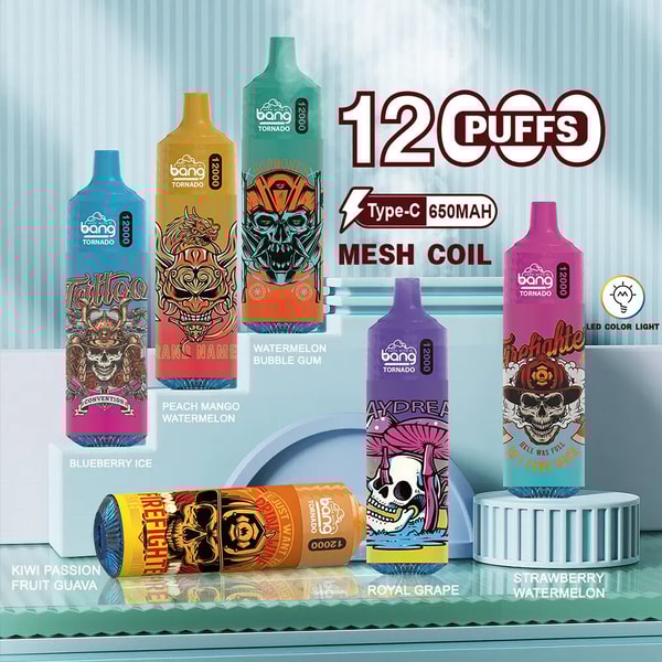 Stylo vape Bang Tornado 12000 coloré avec un design élégant et une marque affichée, mettant en valeur son emballage élégant et ses fonctionnalités avancées pour une expérience de vapotage améliorée.