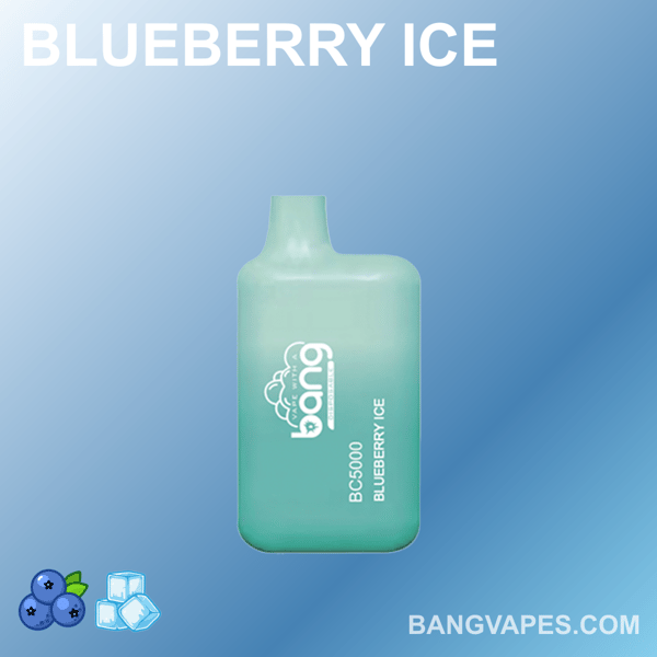 Vape Bang BC5000 o smaku Blueberry Ice z jasnozielonym urządzeniem na niebieskim gradientowym tle, na którym widnieje logo marki i nazwa smaku.