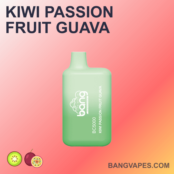 Zielony jednorazowy waporyzator z etykietą "Bang BC5000 Kiwi Passion Fruit Guava" na różowym gradientowym tle z małymi ikonami kiwi i marakui.