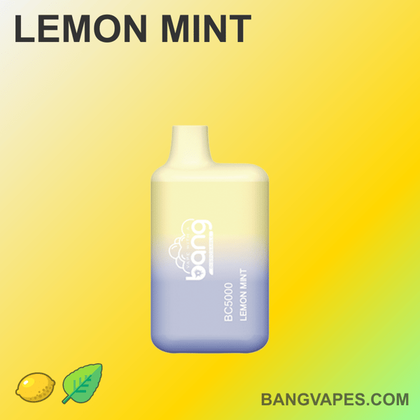 Vape o smaku cytrynowo-miętowym z gradientowym wzorem, oznaczony jako Bang BC5000, wyświetlany na żółtym tle z ikonami cytryny i liścia mięty.
