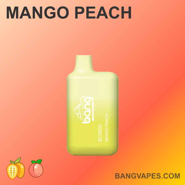 Żółte urządzenie do waporyzacji oznaczone "bang BC5000 MANGO PEACH" na gradientowym tle z ikonami mango i brzoskwini oraz stroną internetową "BANGVAPES.COM" na dole.