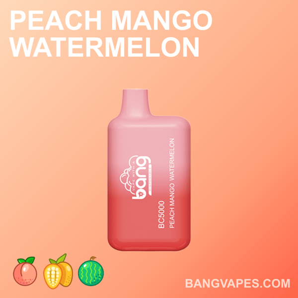 Jednorazowy waporyzator o smaku brzoskwiniowo-mango-arbuzowym z etykietą "Bang BC5000" na gradientowym brzoskwiniowym tle z ikonami brzoskwini, mango i arbuza.