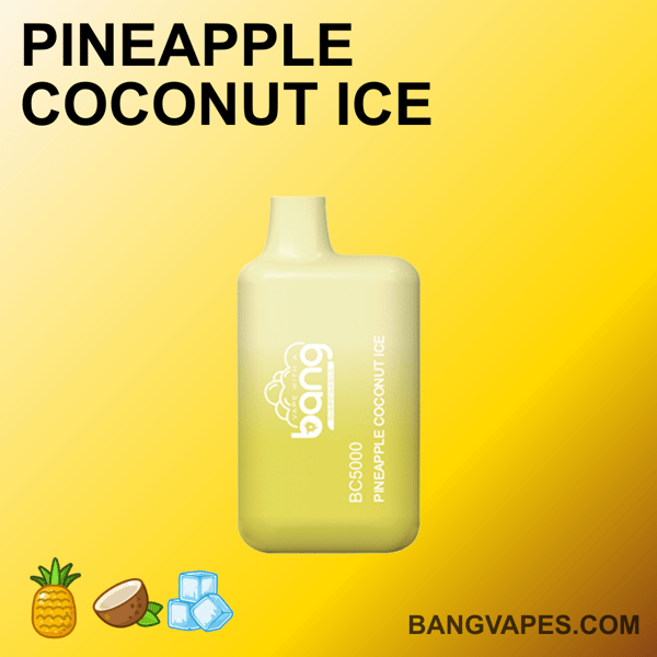 Żółte urządzenie do waporyzacji oznaczone "Bang BC5000 Pineapple Coconut Ice" z ikonami ananasa, kokosa i kostek lodu na dole. Tło ma kolor od żółtego do jasnopomarańczowego, a strona internetowa "bangvapes.com" jest wyświetlana w prawym dolnym rogu.