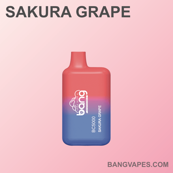 Czerwono-niebieskie jednorazowe urządzenie do waporyzacji oznaczone "Sakura Grape" z wywieszoną marką "Bang".