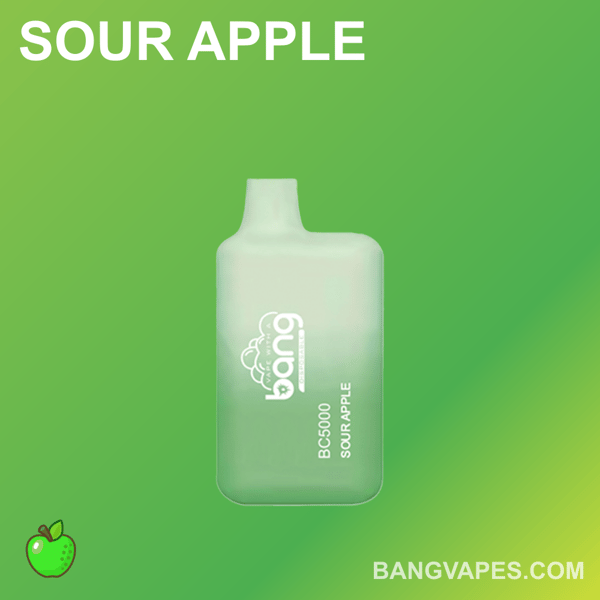 Zielony jednorazowy waporyzator z etykietą "Bang BC5000 Sour Apple" na gradientowym zielonym tle z tekstem "SOUR APPLE" u góry i "BANGVAPES.COM" u dołu.