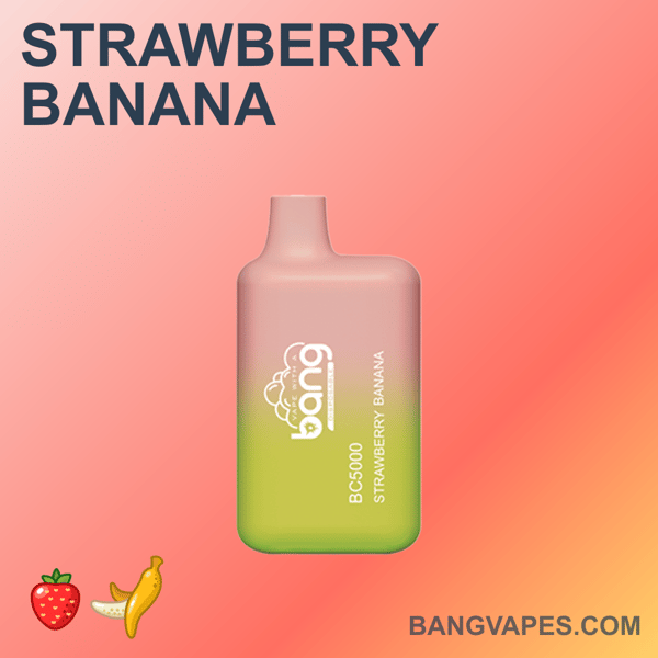 Urządzenie do waporyzacji o smaku truskawkowo-bananowym z różowym i zielonym wzorem gradientowym, oznaczone "Bang BC5000" i wyświetlane na różowym tle.