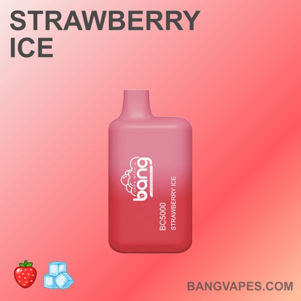 Różowe urządzenie do waporyzacji oznaczone "Bang BC5000 Strawberry Ice" z ikonami truskawek i kostek lodu na czerwonym gradientowym tle.