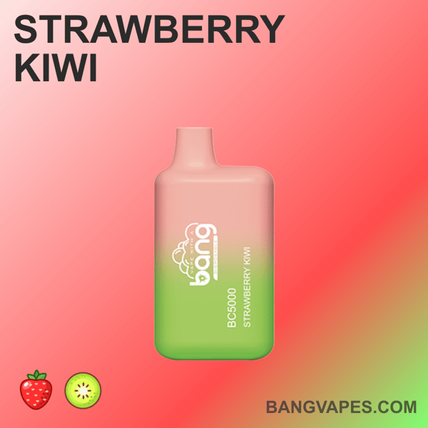 Urządzenie do waporyzacji o smaku Strawberry Kiwi z gradientowym wzorem od różowego do zielonego i oznaczoną na nim marką "Bang".