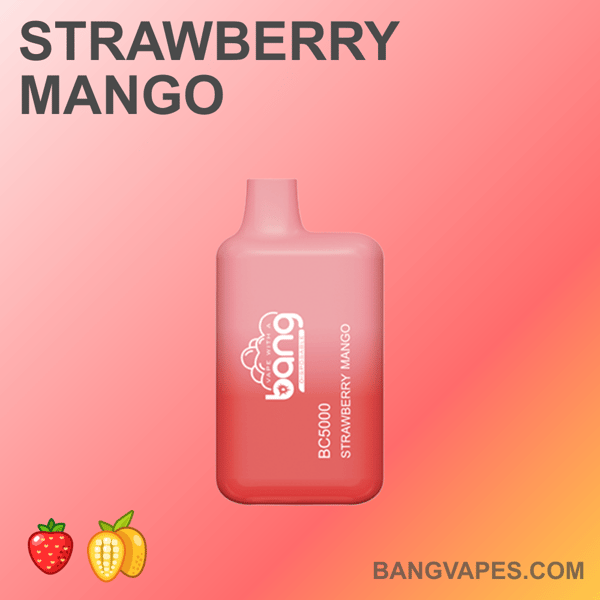 Jednorazowy waporyzator Bang BC5000 o smaku Strawberry Mango z gradientowym różowym wzorem, przedstawiającym ikony truskawek i mango oraz logo marki.
