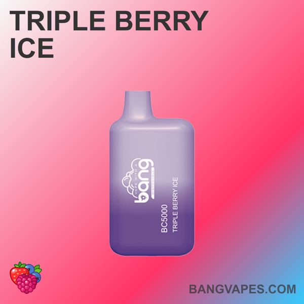 Fioletowy jednorazowy waporyzator z etykietą "Bang BC5000 Triple Berry Ice" na gradientowym różowym tle.