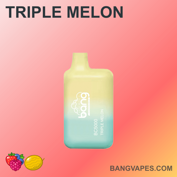Vape z etykietą "Triple Melon" w gradientowym kolorze od żółtego do niebieskiego, z nazwą marki "bang" i modelem "BC5000" umieszczonym z przodu.