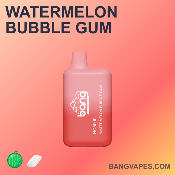 "Urządzenie do waporyzacji Bang Vapes BC5000 Watermelon Bubble Gum na różowym gradientowym tle z ikonami arbuza i gumy balonowej."