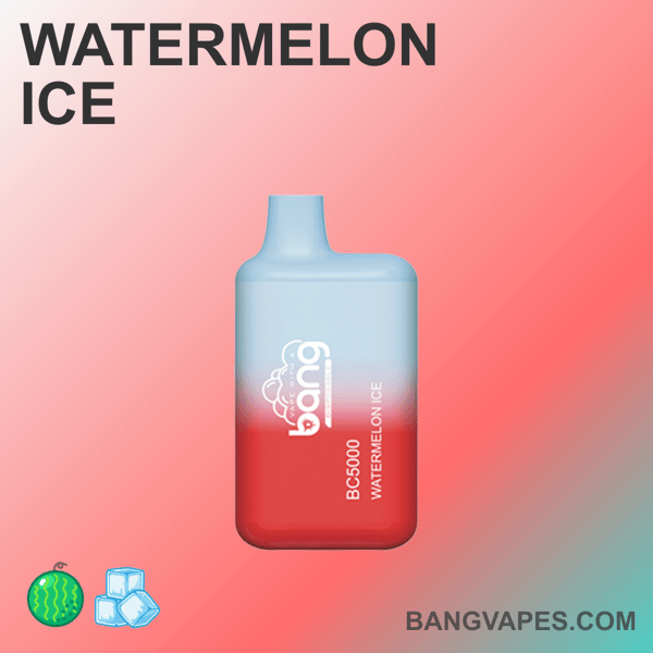 Jednorazowy waporyzator Bang o smaku Watermelon Ice z czerwono-niebieskim gradientem, widoczną nazwą produktu "BC5000" oraz ikoną arbuza i lodu w lewym dolnym rogu.