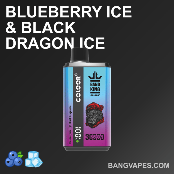 Appareil de vape jetable Bang King avec une saveur de glace à la myrtille et de glace de dragon noir, avec un design dégradé du bleu au violet et un logo d'un bouledogue portant une casquette.