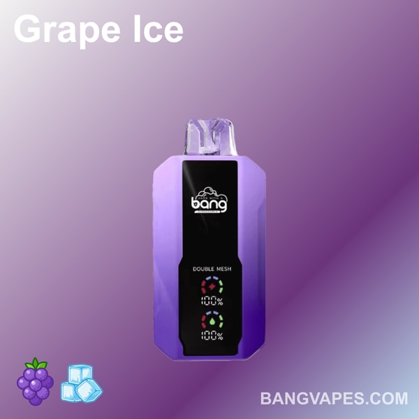 Fioletowe urządzenie do waporyzacji oznaczone "Bang" o smaku "Grape Ice", wyposażone w wskaźnik naładowania baterii oraz ikony winogron i kostek lodu.