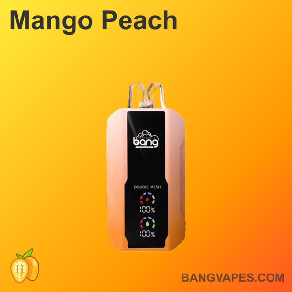 Urządzenie do waporyzacji o smaku Mango Peach z brandingiem "Bang", technologią podwójnej siatki i wskaźnikami baterii, wyświetlane na pomarańczowym gradientowym tle.