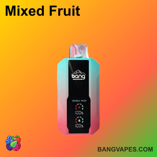 Vape Bang o smaku "Mixed Fruit", wyświetlający system podwójnej siatki i wskaźniki baterii na gradientowym pomarańczowym tle.