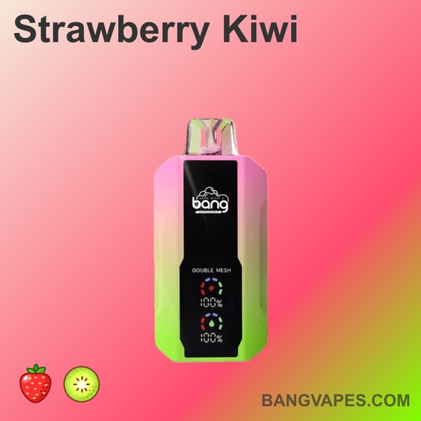 "Urządzenie do waporyzacji Bang Double Mesh o smaku Strawberry Kiwi z gradientowym różowo-zielonym wzorem."