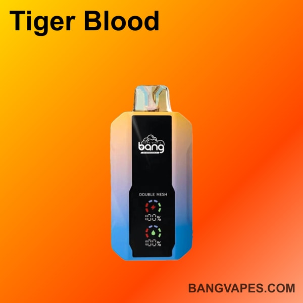 Bang-Einweg-Vape-Gerät mit der Aufschrift "Tiger Blood" und einem Hintergrund mit Farbverlauf in Orange und Gelb.