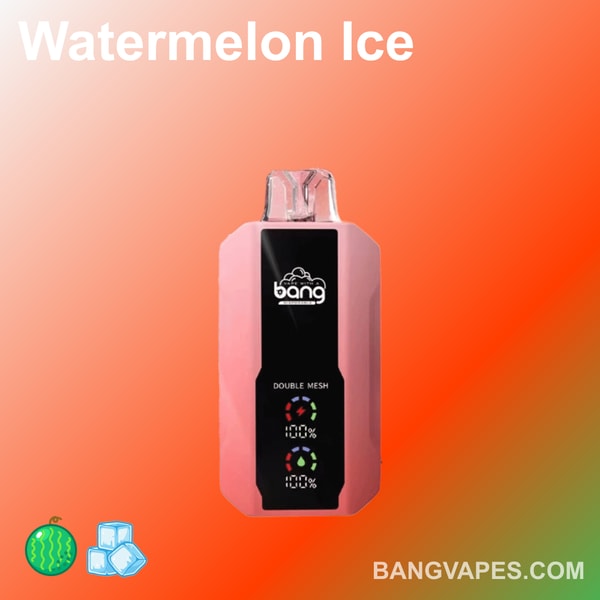 Vape Bang o smaku Watermelon Ice, wyposażony w technologię podwójnej siatki i wskaźniki baterii, wyświetlane na czerwonym, gradientowym tle.