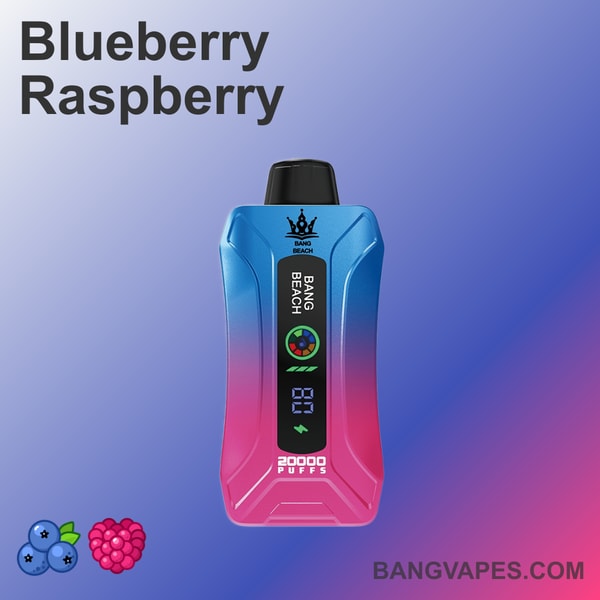 Appareil à vape dégradé bleu et rose étiqueté " Bang Beach " avec " 20 000 bouffées " et un affichage numérique, avec des icônes de myrtille et de framboise.