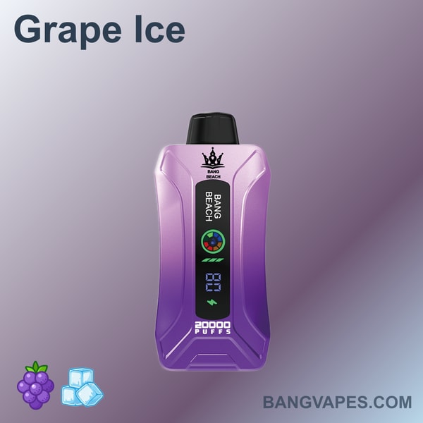 Fioletowe urządzenie do waporyzacji oznaczone "Bang Beach" o smaku "Grape Ice", wyświetlające 20 000 zaciągnięć i cyfrowy ekran.
