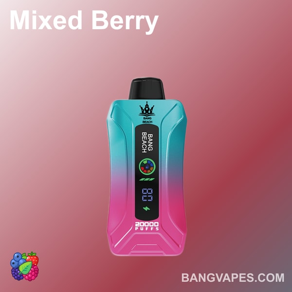 "Appareil de vape Bang Beach au goût de baies mélangées, affichant 20 000 bouffées sur l'écran avec un corps dégradé bleu et rose."