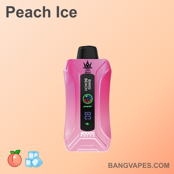 Appareil de vape Peach Ice d'une capacité de 20 000 bouffées, de marque " Bang Beach ", dans un design rose avec un écran d'affichage affichant 80%.