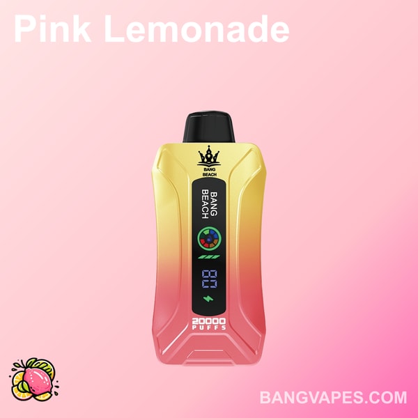 Różowy vape o smaku lemoniady, z gradientowym złotym i różowym wzorem, z napisem "Bang Beach" i "20 000 puffów" z przodu, na jasnoróżowym tle.